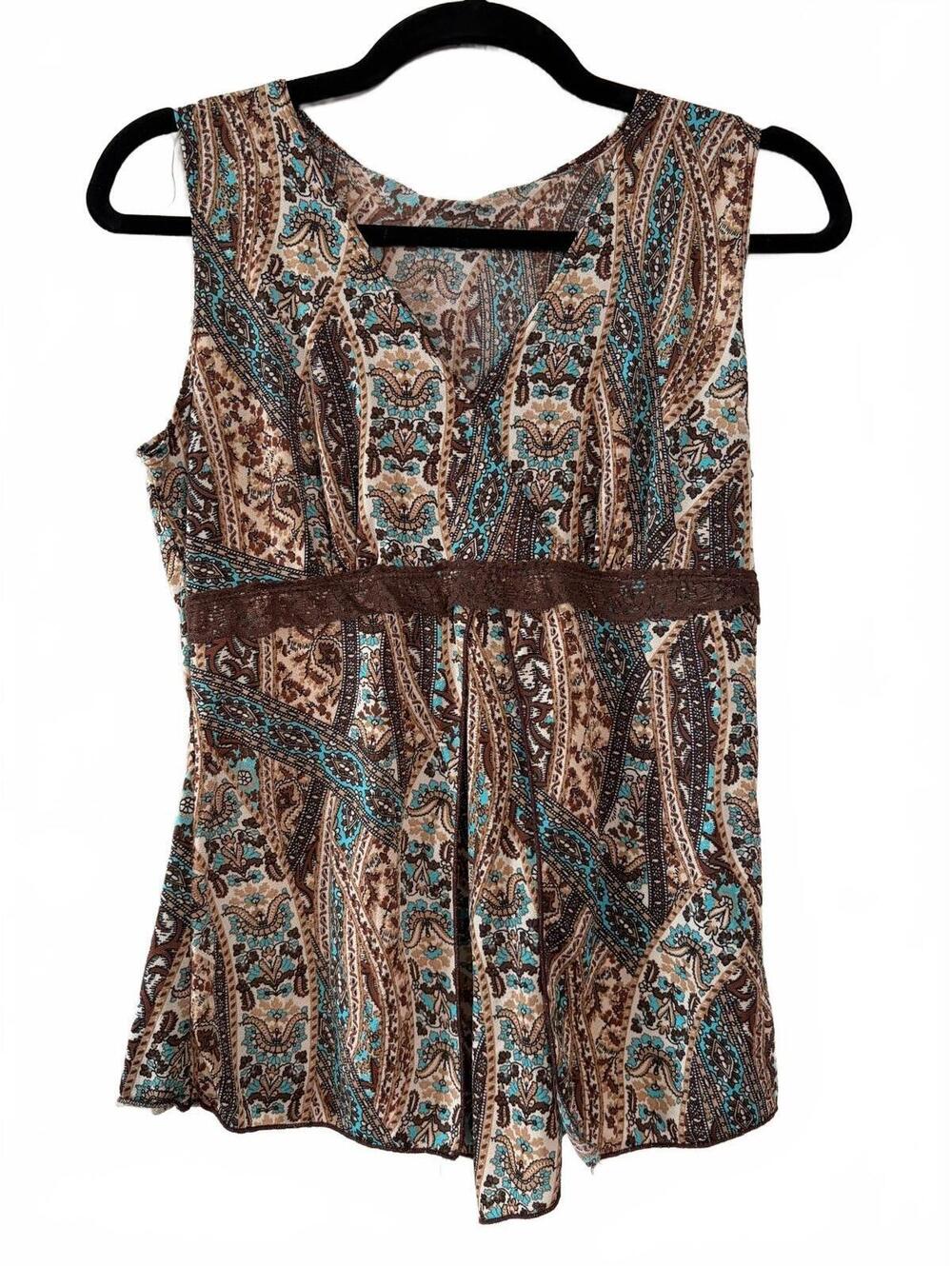Agenda Y2K Paisley Babydoll Tank Top Womens S Brown Teal Lace Sleeveless